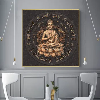 Ретро Кафява Статуя на Буда Стенно изкуство Платно Живопис Религиозни плакати и щампи Картина за декорация на стените у дома в хола Куадрос