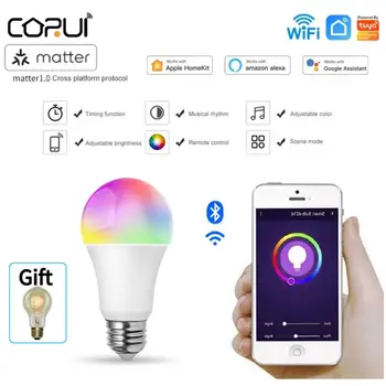 CORUI WiFi Matter Homekit A19 Smart LED Light Умна лампа с регулируема яркост RGB CW Поддръжка на приложения за Smart Life Siri Google Home Алекса Асистент