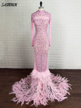 100% Реална снимка Луксозен рокли на Русалка за бала с пайети и пера, вечерна рокля с дълъг ръкав Vestidos De Gala