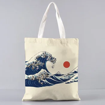 Реколта чанта-тоут Kanagawa Waves Бои, женски екологични холщовые да пере големи чанти за съхранение на покупки, органайзер за съхранение