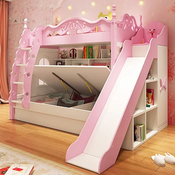 Двуетажно момиченце, принцеса, Детски легла, замък, Високо Rose място за съхранение, Детски легла, Мультяшная Дървени мебели за спални Cama Infantil WZ
