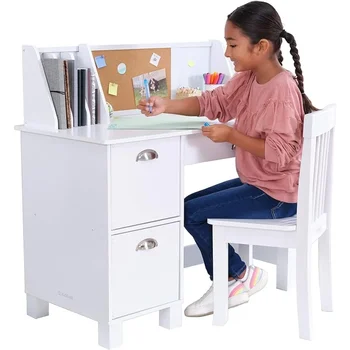 Дъска за съобщения и шкафове Детски маса Дървен работен плот, за деца с един стол Бял Безплатна доставка на детски мебели