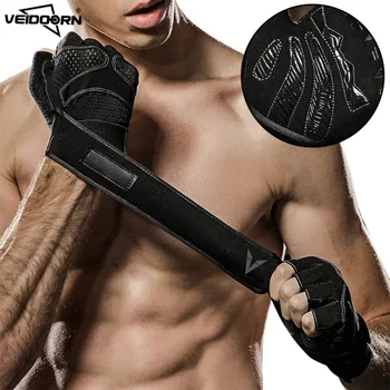 Един чифт спортни ръкавици с предпазител на китката, нескользящие ръкавици за тренировки във фитнеса на половината от палеца, за гири