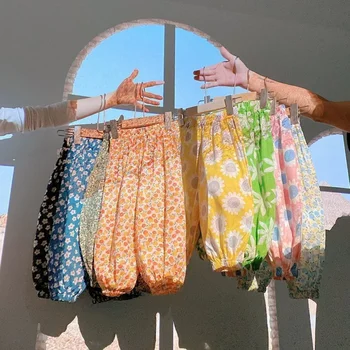 Летни противокомарни панталони с цветен модел за момичета, ежедневни свободни дълги панталони с принтом бутончето за малки момичета