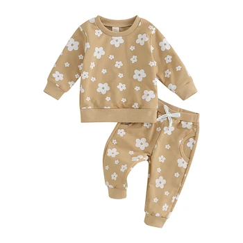 Комплект Есенни дрехи от 2 теми за новородени момичета, блузи с флорални принтом и дълъг ръкав, панталони с кръгло деколте с ластик на талията, облекло