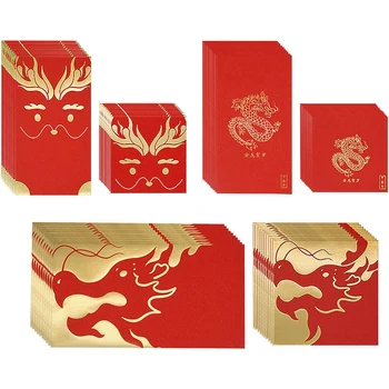 60 Бр. Червени пликове за китайската Нова Година, празника на Пролетта, Пакети с пари на късмета в Годината на Дракона 2024