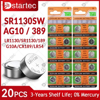 DStartec 20PCS SR1130SW 389 AG10 батерии За Часа, за Подмяна на AG 10 SG10 LR54 LR1130 G10A 194 Алкални Батерии с кнопочными елементи на 1,55 В