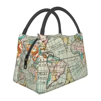 Чанта за обяд с принтом карта Земя, реколта карта на света, на обяд-бокс, преносим чанта-хладилник за пикник, Оксфордские дизайнерски термосумки за обяд