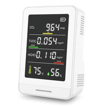 Мониторинг на качеството на въздуха в помещението-тестер за качеството на въздуха открива CO2, температура, TVOC и влажност на въздуха, измерване на качеството на въздуха за дома, трайни