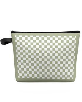 Травянисто-зелена Шахматната дъска, пътна косметичка голям капацитет, Преносима чанта за съхранение на грим, женски водоустойчив молив случай