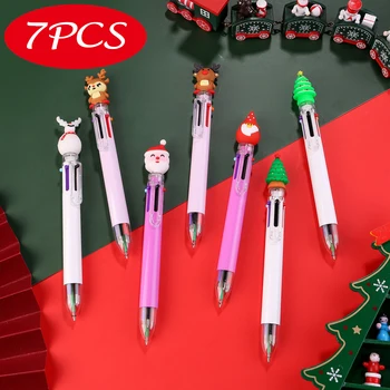 7шт Коледна 6-цветен Прибиращ Химикалка писалка с Анимационни Дядо Коледа и Лосем, Разноцветни Химикалки, Офис-Канцеларски материали, Ученически принадлежности, Подаръци