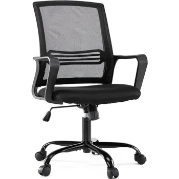 Компютърни столове AFO за домашния офис, средна облегалка, въртящ механизъм с лумбална опора седалки и облегалки за ръцете, офис стол черен на цвят