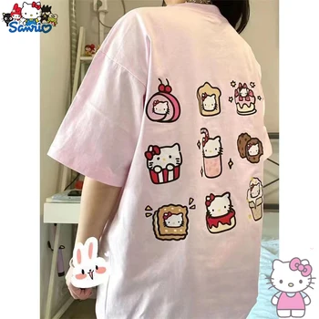 Дамски мека свободна тениска Sanrio Hello Kitty от кавайного памук с къс ръкав Y2K, летен топ с кръгло деколте за момичета, розови дрехи в подарък