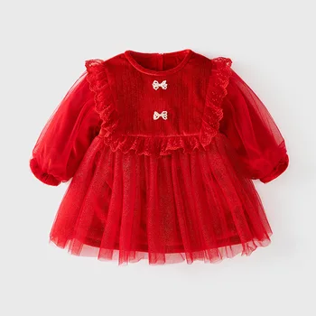 Зимна коледна дрехи за момичета, бархатное бебешка рокля с кружевными ръкави-фенерчета, детски дрехи на Нова година, бална рокля от 1 до 4 години