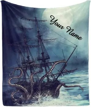 Произведено по поръчка на одеало Pirate Ship с текст имена, персонални одеяло Pirate Ship от супер мек отвътре, за канапе-легло