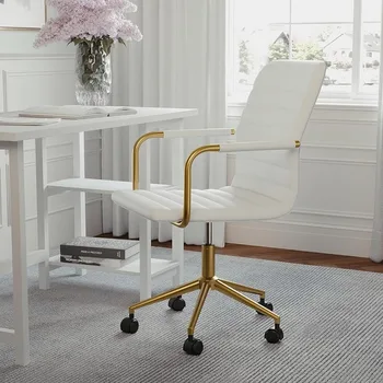 Офис стол с въртящи се подлакътници, подходящ за офис, бяла изкуствена кожа, рамка от полиран месинг