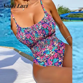 Модерен прашка с флорални принтом, секси боди, бикини, плиссированный едно парче бански от еластична гумена лента за кръста, дамски плажни дрехи, дантела, повдигащ с отворен гръб
