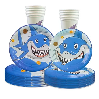 Прибори за еднократна употреба Blue Shark, чинии Shark, Вилици за Еднократна употреба хартиени чаши, Салфетки за парти за рожден ден, декор за парти в чест на рождения Ден, подарък за деца