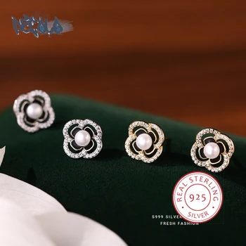 Изискани обеци от сребро S999 за жени, луксозни обеци във формата на камелия, Блестящи перлени нитове, вечерни украса