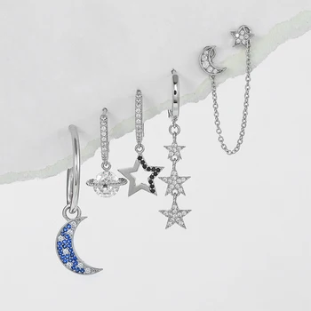 Обеци-халки SOHOT със сини и черни циркониевыми асиметрични четки във формата на Луната и звездите за жени, модни бижута, красиви аксесоари