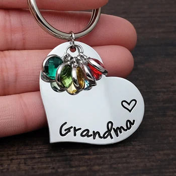 Персонализирани ключодържател с камък на раждане, Потребителски имена, верижка за ключове, презиме, Баба ключодържател, подарък за Деня на майката На рожден Ден на баба