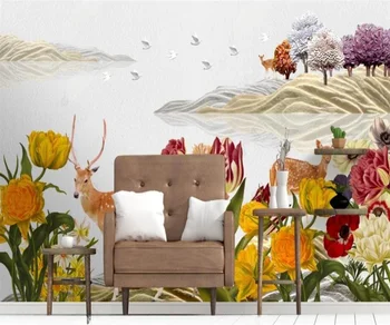 Съвременно изкуство 3D триизмерен релеф цвете горски елен кабинет, спалня за фон на стената потребителски стенописи тапети тапети