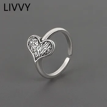 LIVVY Сребърен Пръстен със сърце за жени с Уникален Дизайн на Модни Луксозни Леки Изискан Ретро Регулируеми бижута