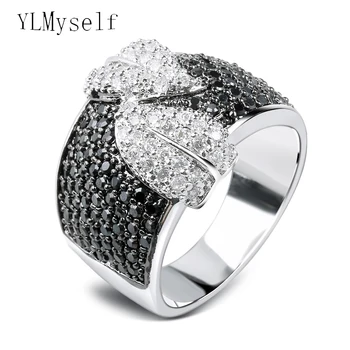 Ново черно-бяло пръстен с листа, проложенное висококачествени кристални камъни, бърза доставка, медни накити, женски голям пръстен