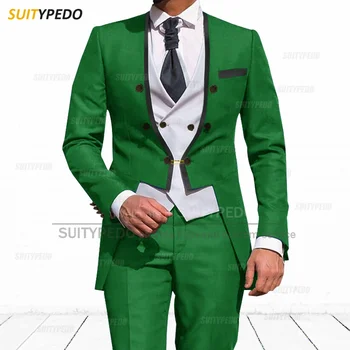 Модни Зелени Костюми за Мъже Slim Fit Елегантен Бизнес Вечеря, Сватба Смокинг На Поръчка Младоженеца Блейзър за Младоженците Жилетка, Панталони 3 бр.