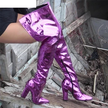 Лилава лъскава ботфорты над коляното, Дамски обувки на висок масивна ток с остър пръсти и страничен цип 2024, модерен, палав Zapatos Para Mujere