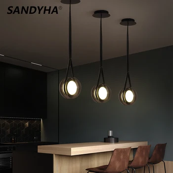Нови модерни висящи лампи в скандинавски стил, Светодиодна лента, Опушен-сива стъклена лампа за спални, столова, домашен интериор, Висящи полилеи