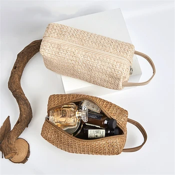 Дамски косметичка за плетене от слама, богат на функции Преносима чанта за тоалетни принадлежности, чанта за отдих, Настолна косметичка за съхранение