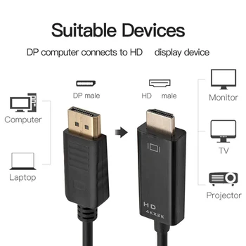 Кабел, съвместим с ДП-HDMI адаптер за Дисплей-HD честота 4K 30 Hz, порт за показване на Видео и аудио на PC, HDTV проектор, лаптоп