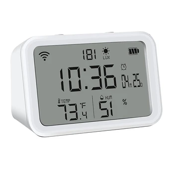 1 бр. Wifi термометър-влагомер с определянето на интензитета на светлината, Wifi следи температурата и влажността на часовник с будилник бял цвят