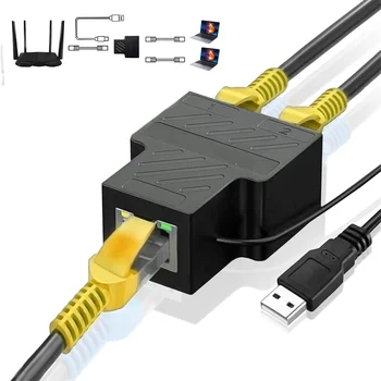 100 Mbps RJ-45 Ethernet Газа от 1 до 2 Мрежови Удължители USB захранващ Кабел 8P8C LAN Интерфейс Интернет Сплитер Конектор за преносими компютри