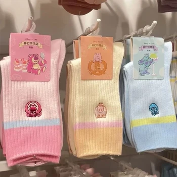 Нови чорапи Kawaii от аниме Lotso Toy Story с бродерия, сладки чорапи със средна дължина, детски мини чорапи с ягоди мече, подарък за момичета