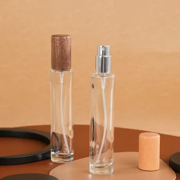 1 бр. Флакон-опаковка за парфюми обем от 10 мл, преносим стъклен флакон-спрей, Квадратен цилиндър, Празна бутилка с капачка от орех и бук.
