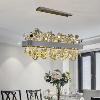 Луксозен кристален полилей за трапезария, златното / черно led осветление cristal lamp, правоъгълен кухненски остров новия дизайн на лампа