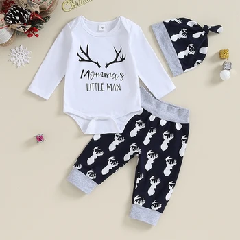 Коледен гащеризон за новородени, гащеризон с писмото принтом, панталони с изображение на главата на елен, шапка, дрехи за деца