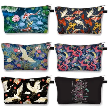 Японската риба Koi Две Азиатски Дракон Косметичка Harajuku Женски козметични чанти за момичета Косметичка в стил хип-хоп, Косметичка за тоалетни принадлежности