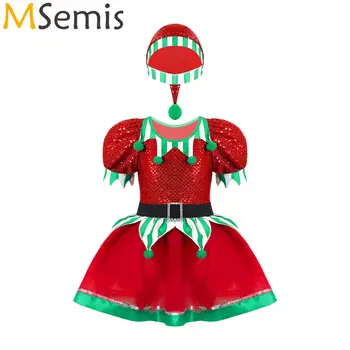 Балетната поличка с пайети за малки момичета, Дядо Коледа-Елф, Коледен празничен карнавалните костюми, шапка, екипировки за костюмированной парти, рокля пакетче, бански