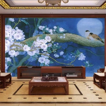 тапети wellyu по поръчка, 3d стенописи, нови китайски сини тапети с ръчно рисувани цветя и птици на заден план, тапети за дома, тапети за десктоп