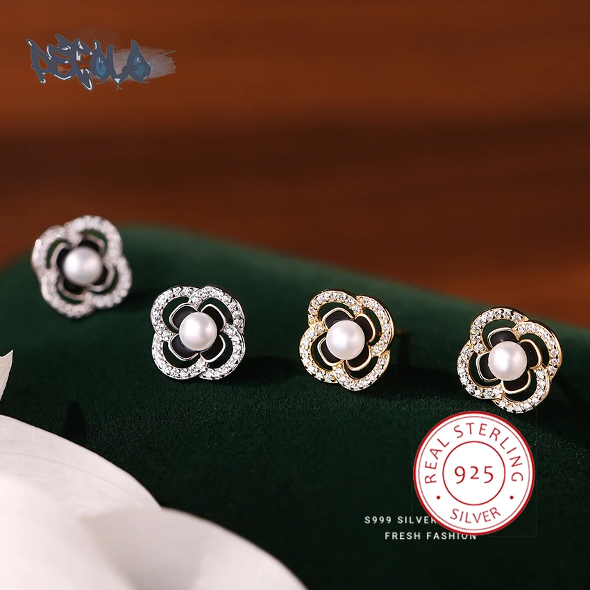 Изискани обеци от сребро S999 за жени, луксозни обеци във формата на камелия, Блестящи перлени нитове, вечерни украса Изображение 0