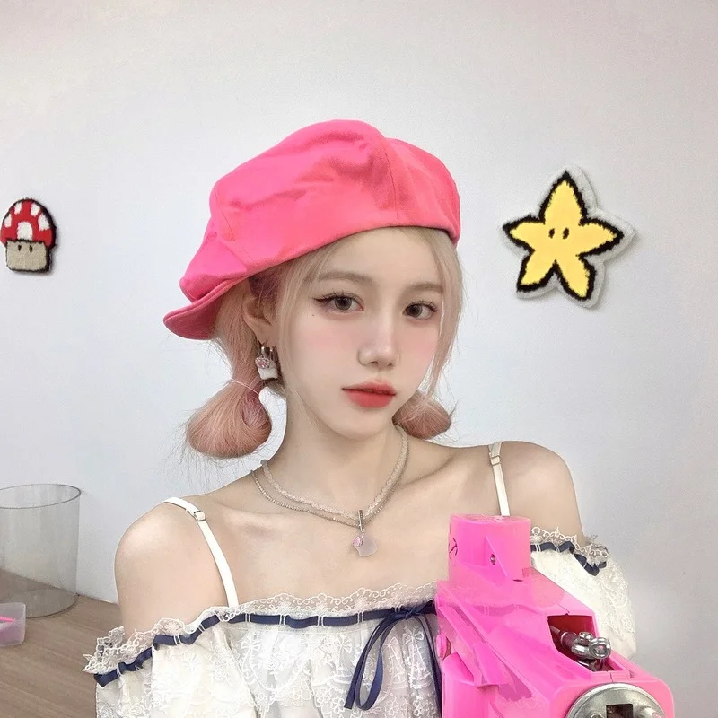 Сладко момиче, розово-червени барети, шапка Пролет и лято, голяма глава, малки корнизи, облачни шапки Ins, модни Корейски дамски шапки Boinas Изображение 0