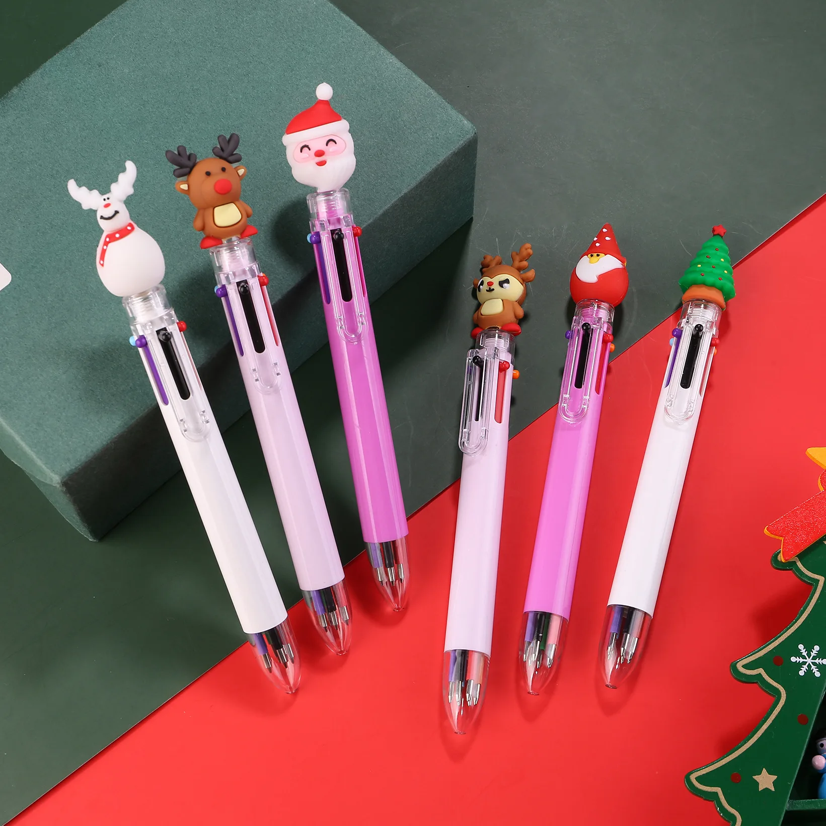 7шт Коледна 6-цветен Прибиращ Химикалка писалка с Анимационни Дядо Коледа и Лосем, Разноцветни Химикалки, Офис-Канцеларски материали, Ученически принадлежности, Подаръци Изображение 1
