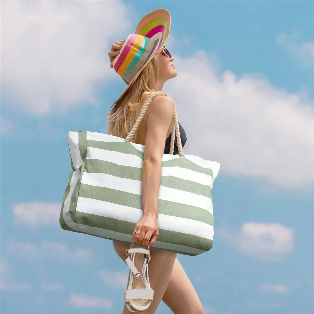 Плажна чанта, чанта за плуване, водоустойчива плажна чанта, Чанта за басейн, Плажна чанта, Пазарска чанта, Сгъваема чанта през рамо Зелена Изображение 1