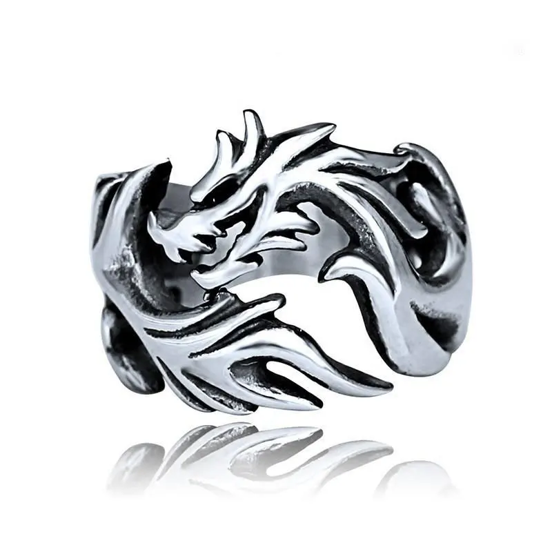 Креативен дизайн, пръстен с дракон в етнически стил за мъже, отворен пръстен в стил ретро сребрист цвят, украса за партита в стил хип-хоп рок Изображение 1