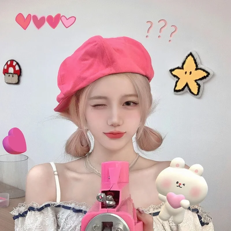 Сладко момиче, розово-червени барети, шапка Пролет и лято, голяма глава, малки корнизи, облачни шапки Ins, модни Корейски дамски шапки Boinas Изображение 1