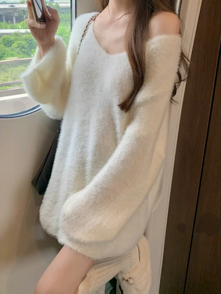 Обикновен вязаный пуловер с V-образно деколте, женски дълъг ръкав, Сладък и Елегантен Бял пуловер, женски Корейски стил, облекло Y2k 2023 Есен Изображение 1