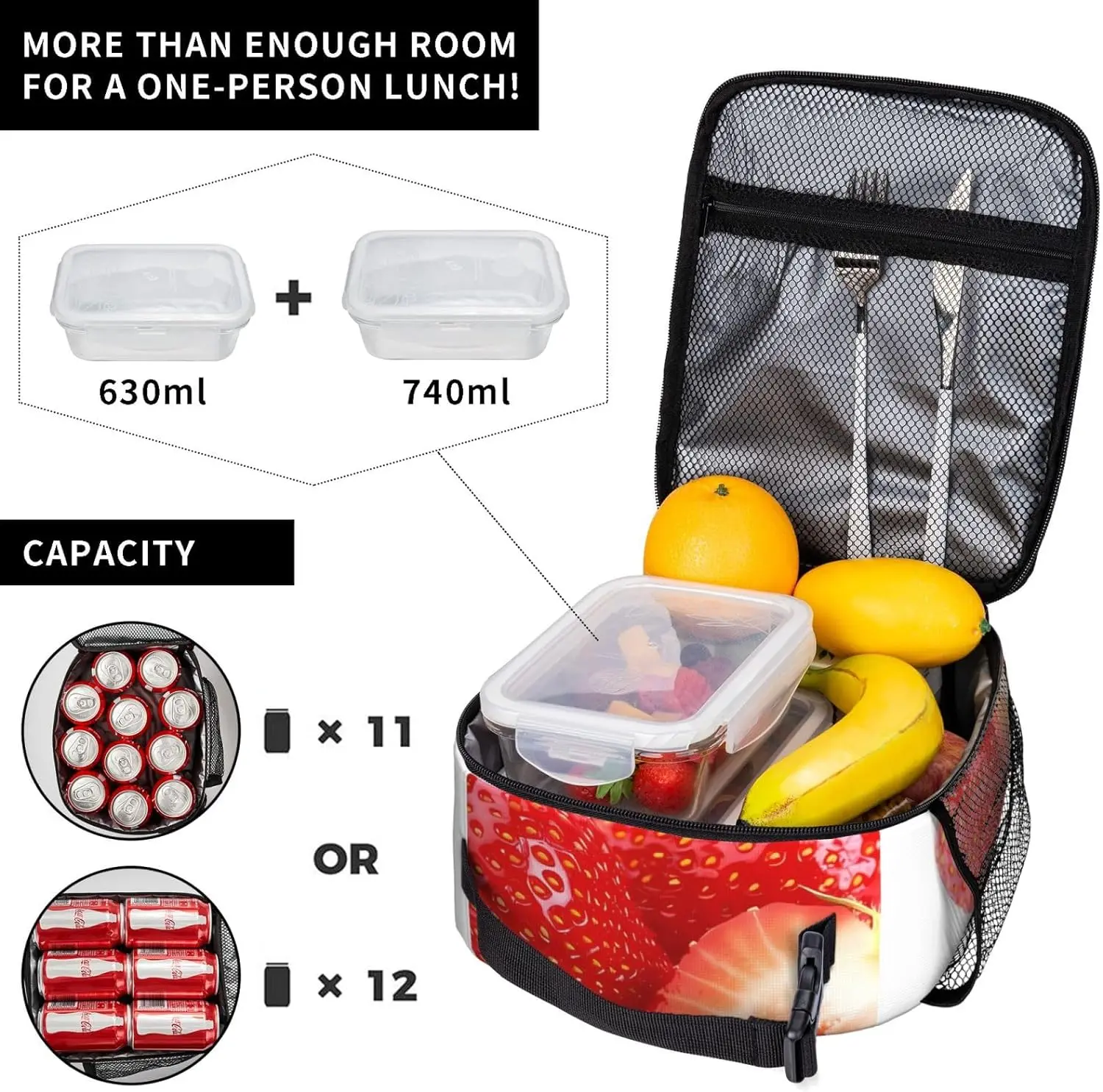 Чанта за обяд с пресни ягоди за жени и мъже, чанти за многократна употреба обяд-бокс, чанта-хладилник с частичен морски джоб за офис, пикник, къмпинг Изображение 1